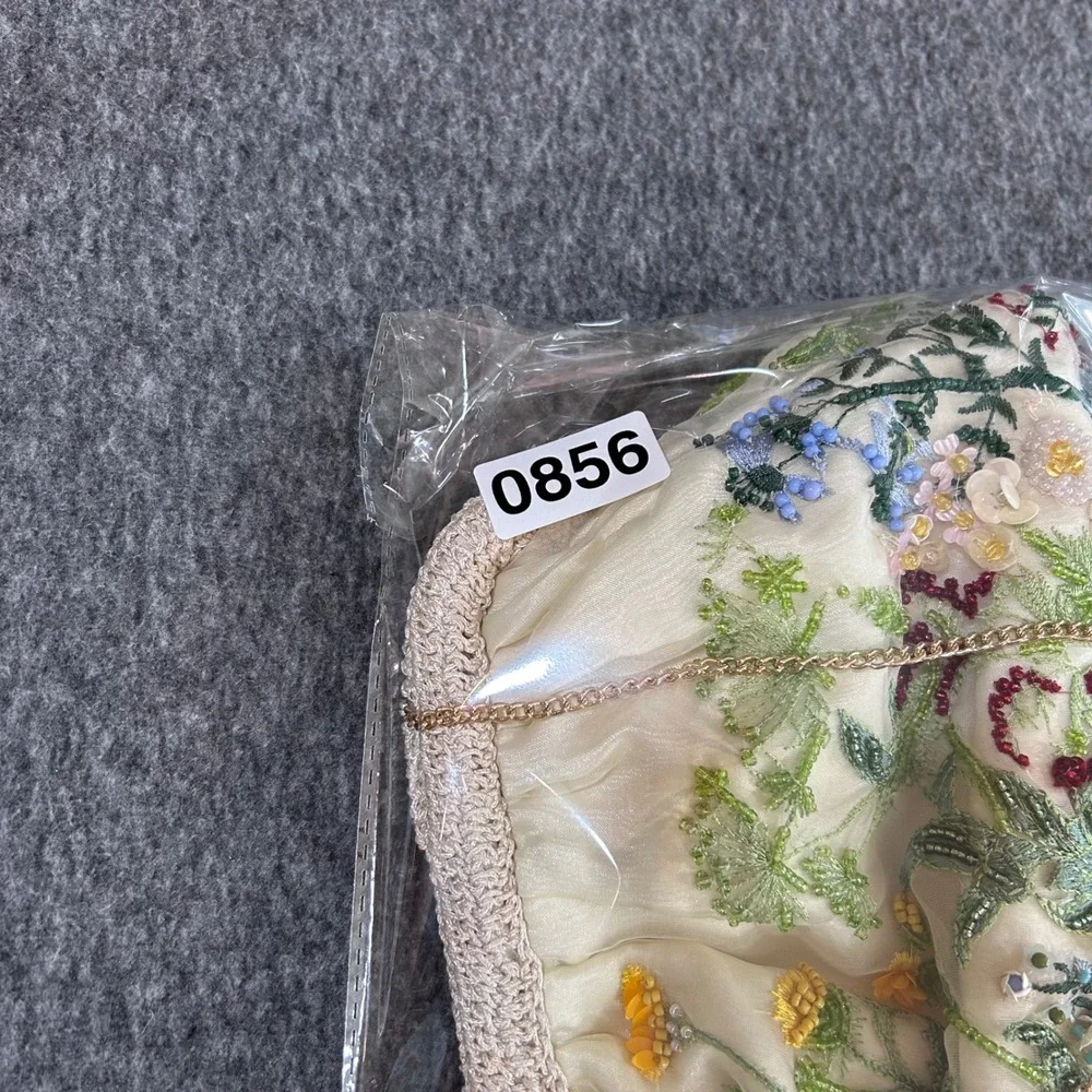 Floral Beaded Embroidered Evening Clutch Bag Cream Gold Chain Handcrafted